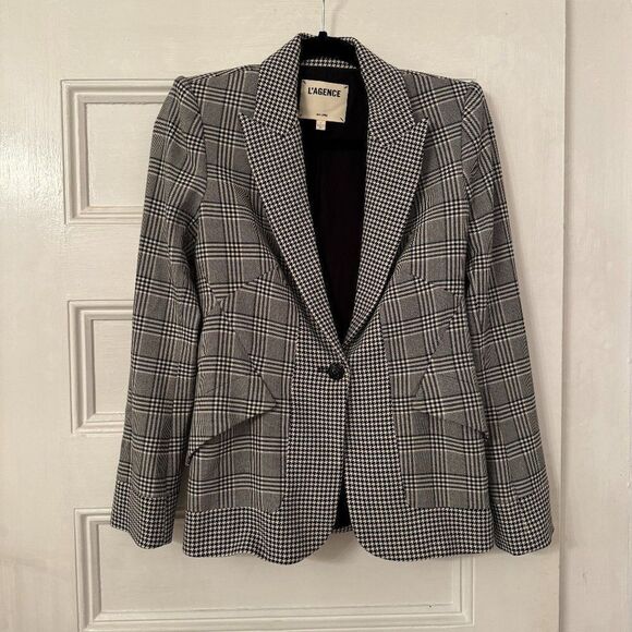 L'AGENCE Chamberlain Grey Plaid Houndstooth Single Breasted Blazer Jacket - Picture 8 of 15